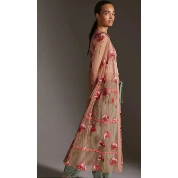 ANTHROPOLOGIE | NWT $198 Bl-nk London Pink Tulle Embroidered Floral Kimono, OS - Picture 4 of 14